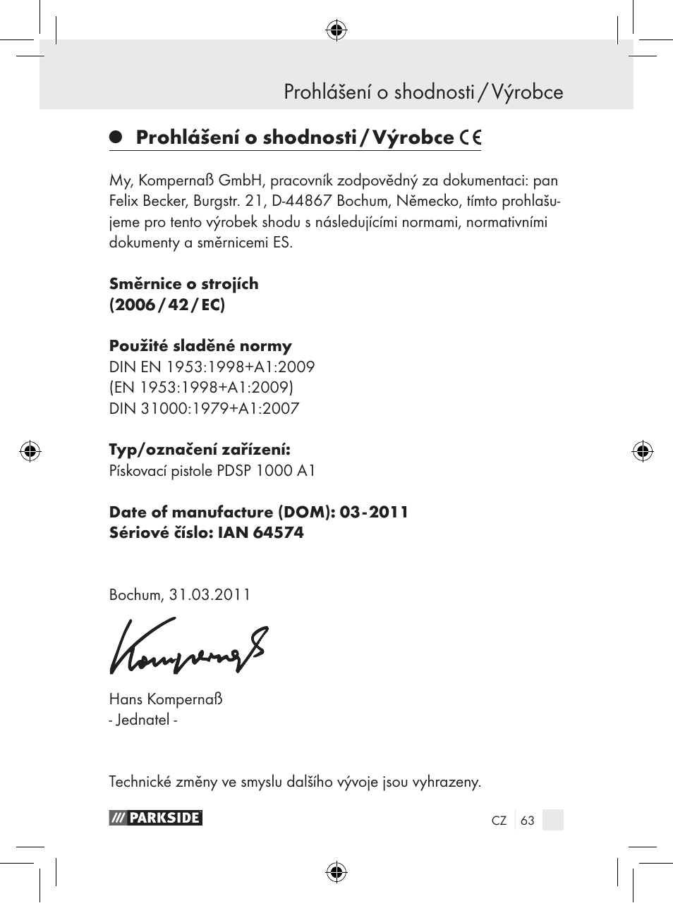 Prohlášení o shodnosti / výrobce | Parkside PDSP 1000 A1 User Manual | Page 63 / 89
