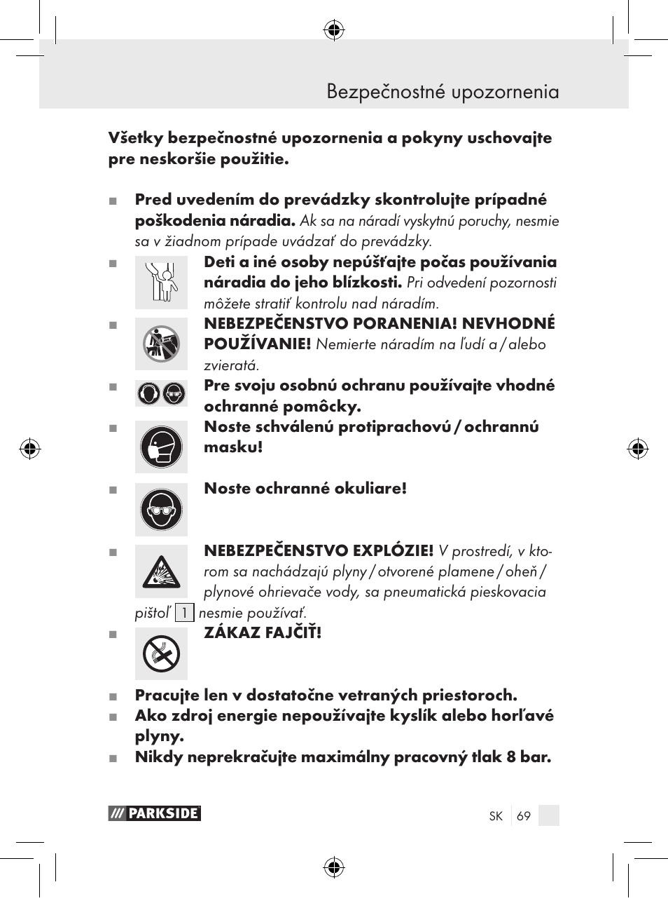 Bezpečnostné upozornenia | Parkside PDSP 1000 A1 User Manual | Page 69 / 89