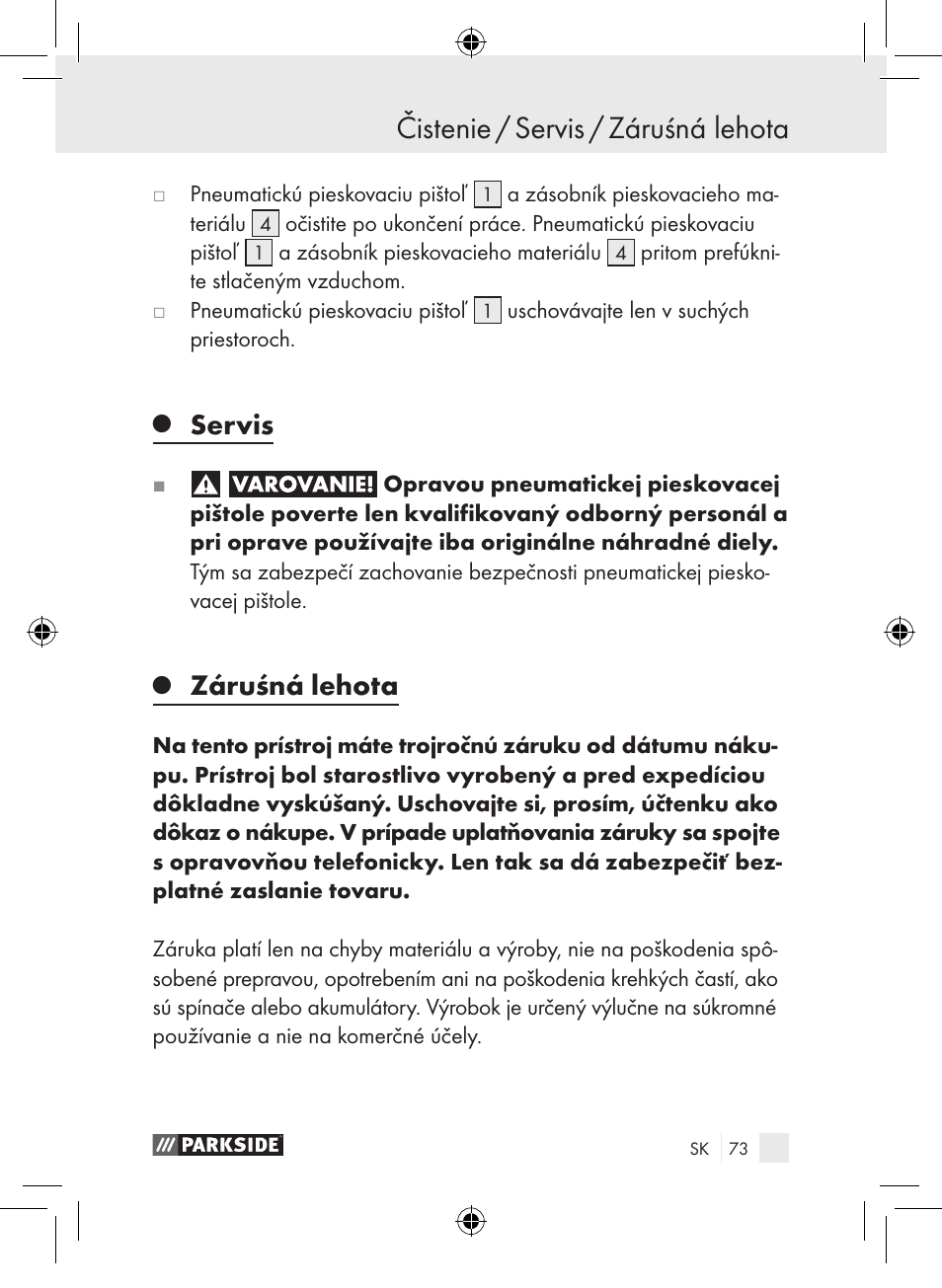 Čistenie / servis / záruśná lehota, Servis, Záruśná lehota | Parkside PDSP 1000 A1 User Manual | Page 73 / 89