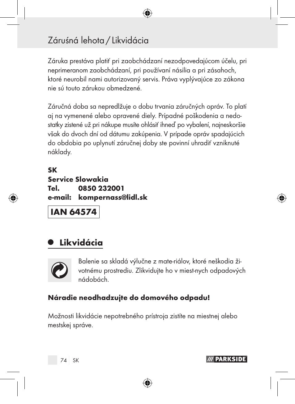 Záruśná lehota / likvidácia, Likvidácia | Parkside PDSP 1000 A1 User Manual | Page 74 / 89