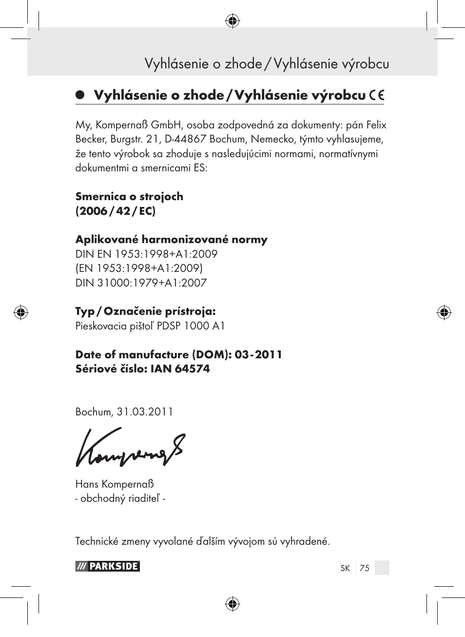 Vyhlásenie o zhode / vyhlásenie výrobcu | Parkside PDSP 1000 A1 User Manual | Page 75 / 89