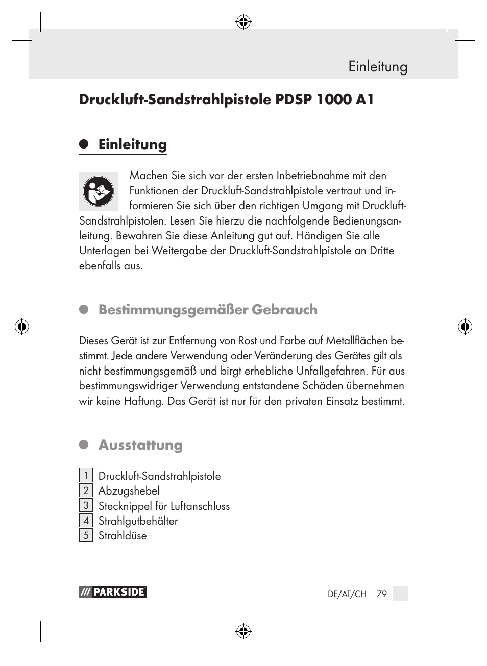 Einleitung, Bestimmungsgemäßer gebrauch, Ausstattung | Parkside PDSP 1000 A1 User Manual | Page 79 / 89