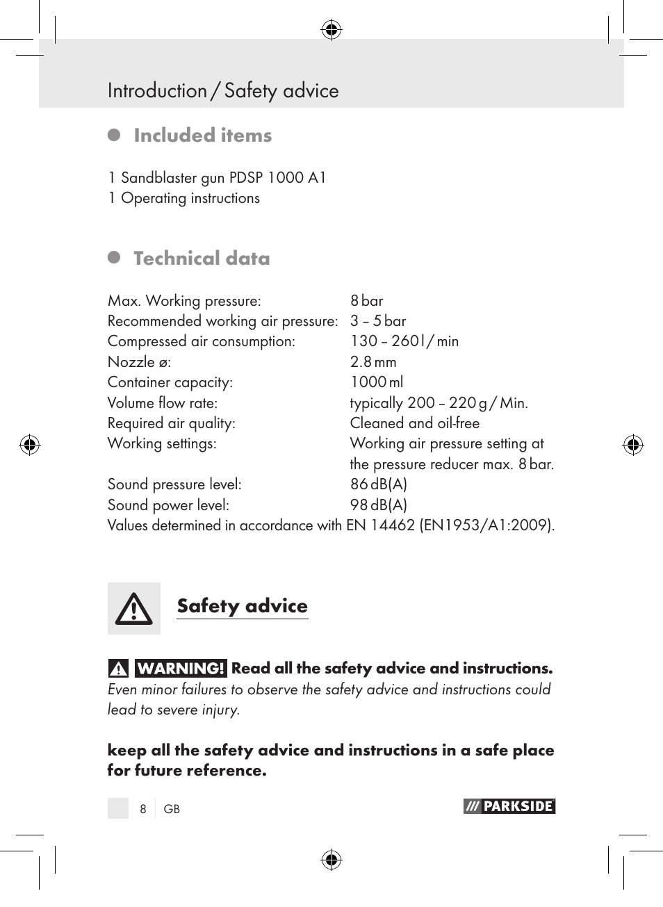 Introduction / safety advice, Included items, Technical data | Safety advice | Parkside PDSP 1000 A1 User Manual | Page 8 / 89