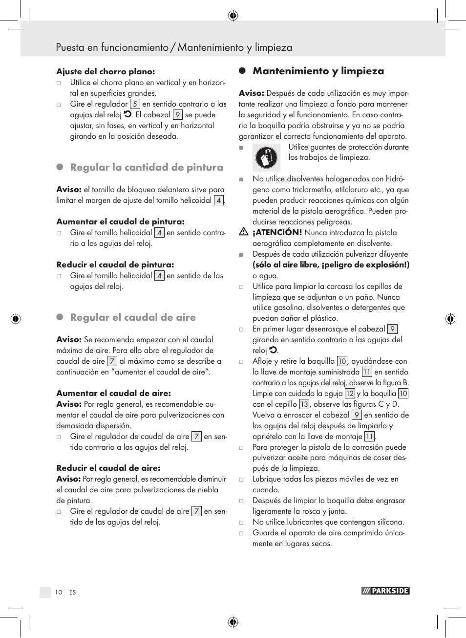 Regular la cantidad de pintura, Regular el caudal de aire, Mantenimiento y limpieza | Parkside PDFP 500 A1 User Manual | Page 10 / 45