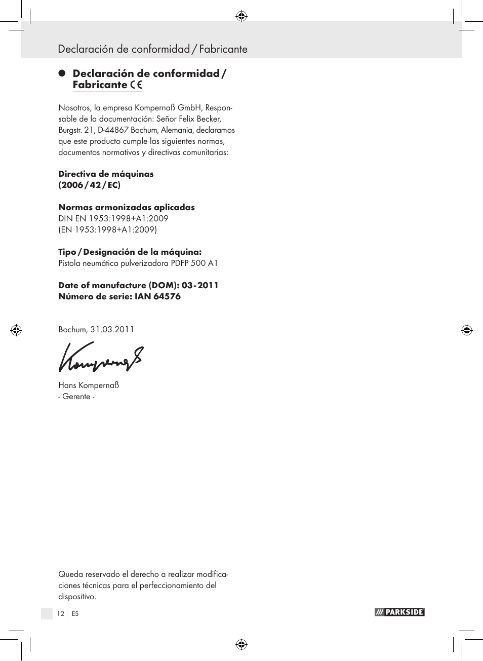 Declaración de conformidad / fabricante | Parkside PDFP 500 A1 User Manual | Page 12 / 45