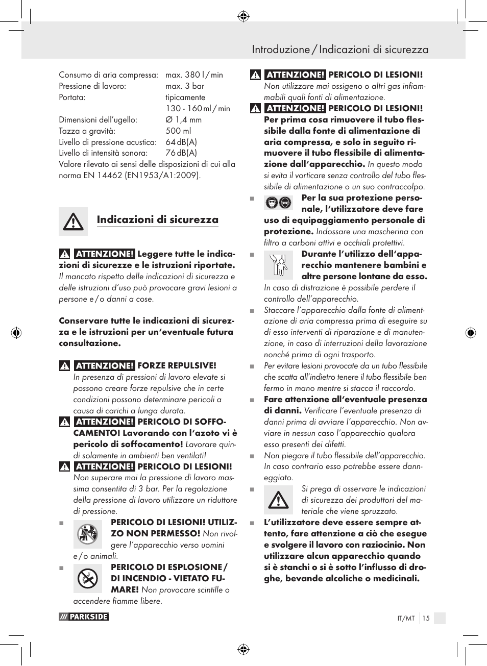 Introduzione / indicazioni di sicurezza, Indicazioni di sicurezza | Parkside PDFP 500 A1 User Manual | Page 15 / 45