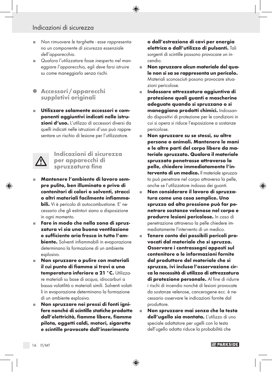 Indicazioni di sicurezza, Accessori / apparecchi suppletivi originali | Parkside PDFP 500 A1 User Manual | Page 16 / 45