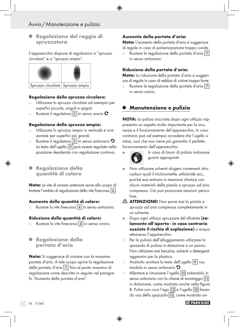 Avvio / manutenzione e pulizia, Regolazione del raggio di spruzzatura, Regolazione della quantità di colore | Regolazione della portata d’aria, Manutenzione e pulizia | Parkside PDFP 500 A1 User Manual | Page 18 / 45