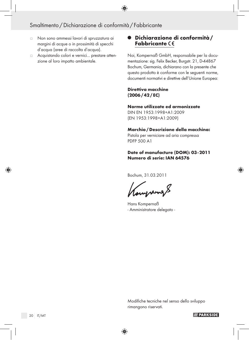 Dichiarazione di conformità / fabbricante | Parkside PDFP 500 A1 User Manual | Page 20 / 45