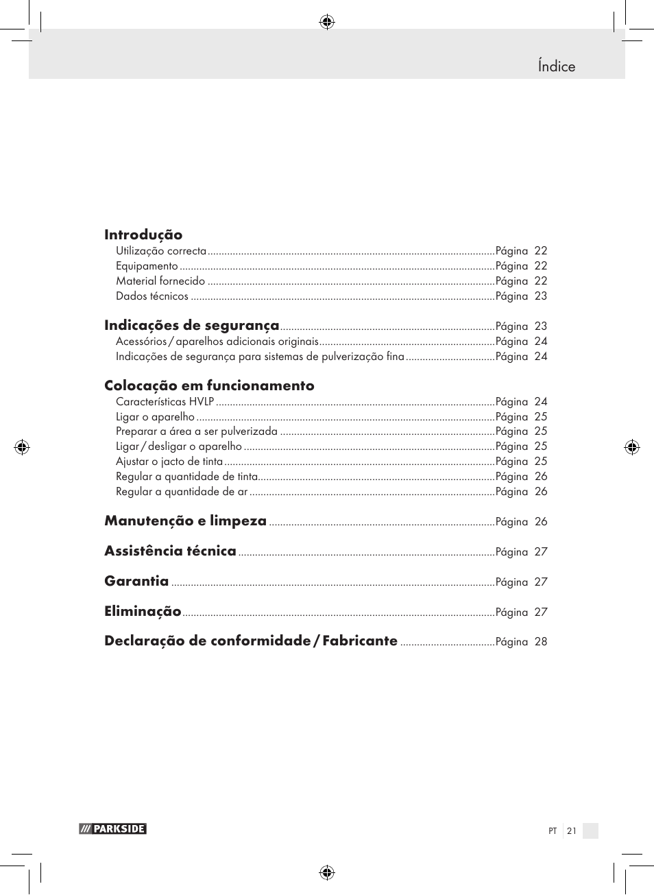 Índice | Parkside PDFP 500 A1 User Manual | Page 21 / 45