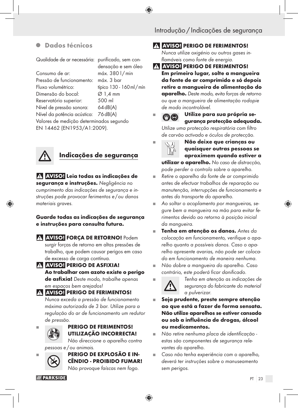 Introdução / indicações de segurança, Dados técnicos, Indicações de segurança | Parkside PDFP 500 A1 User Manual | Page 23 / 45