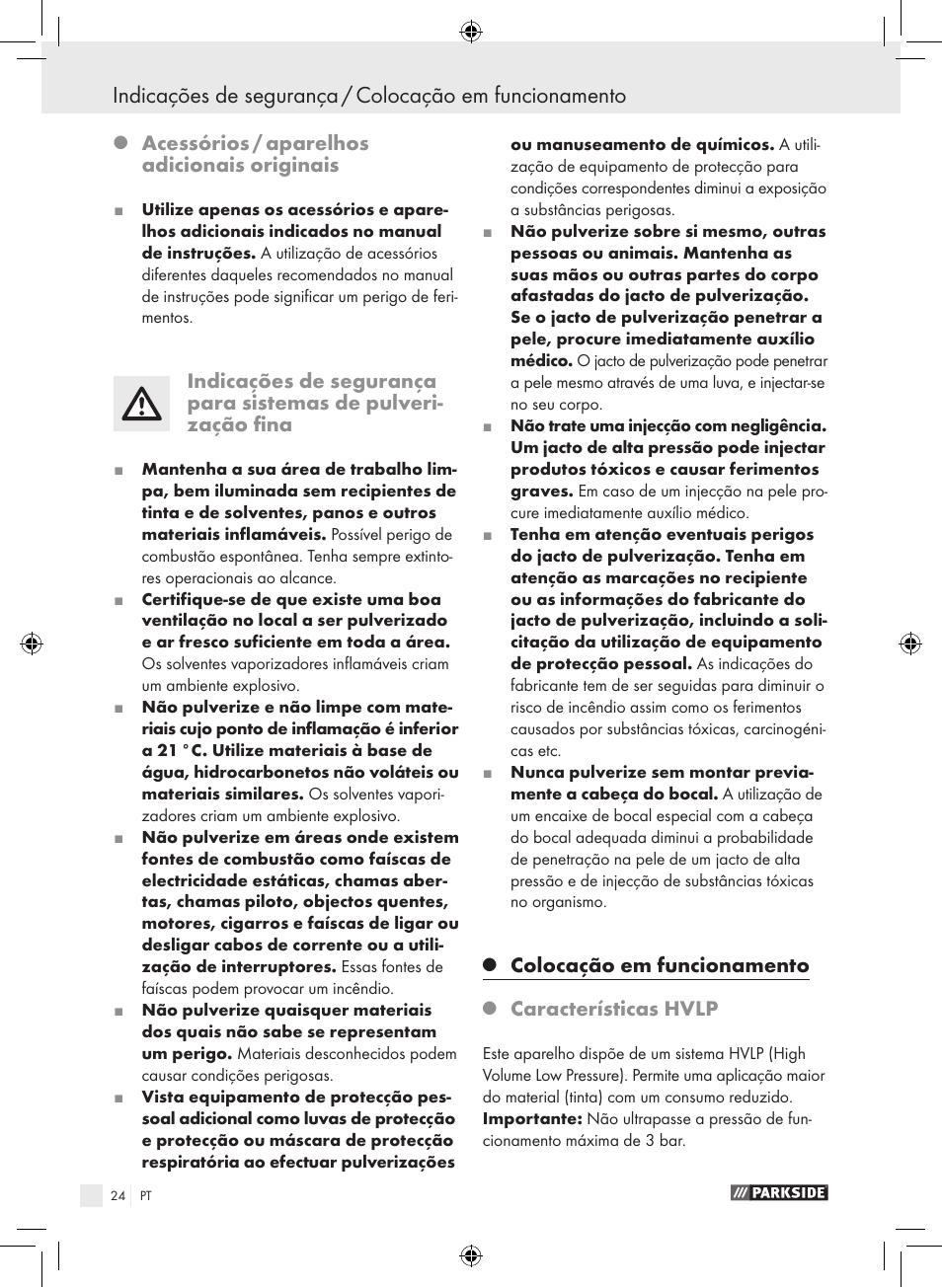 Acessórios / aparelhos adicionais originais, Colocação em funcionamento, Características hvlp | Parkside PDFP 500 A1 User Manual | Page 24 / 45