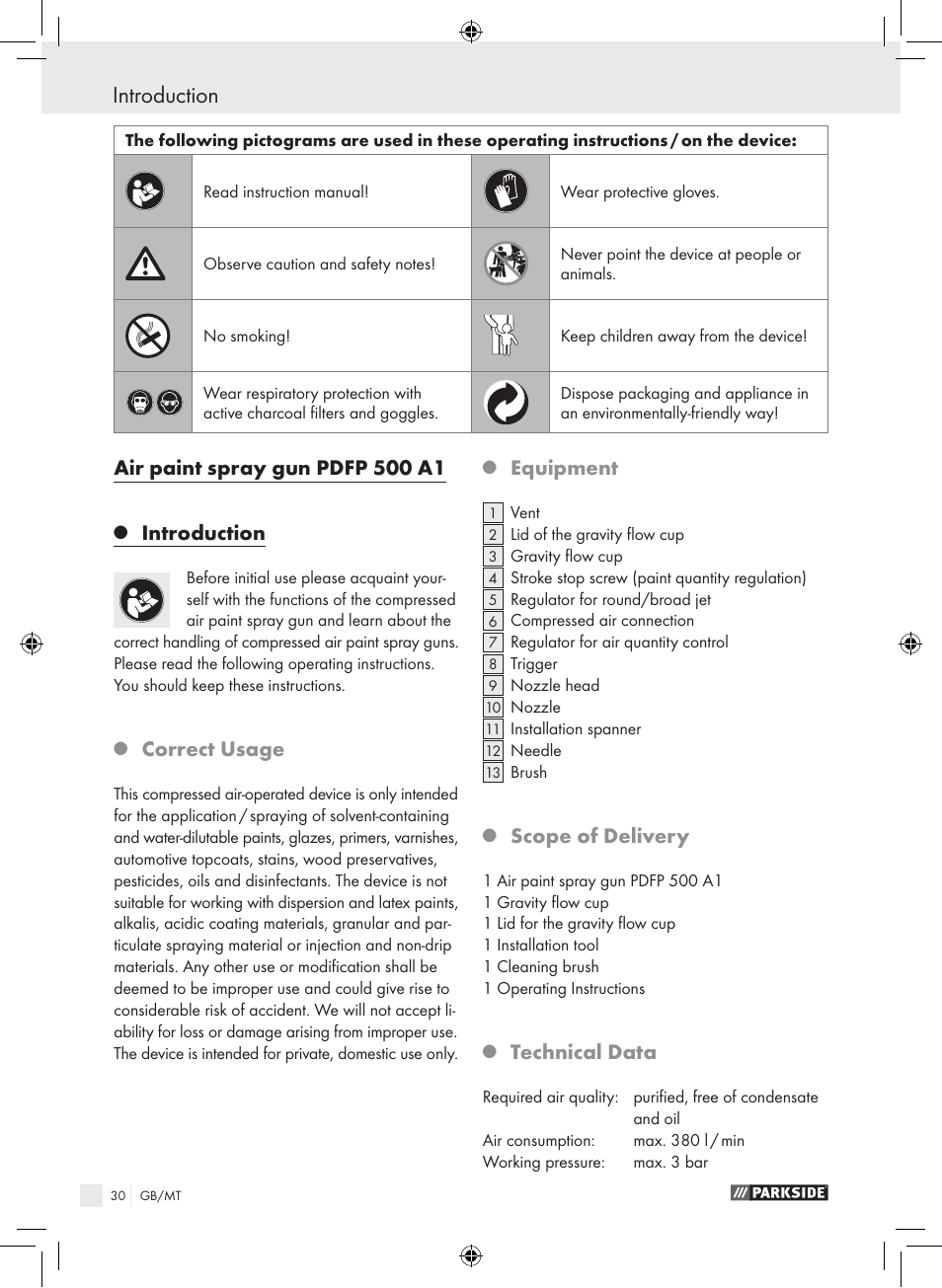 Introduction, Air paint spray gun pdfp 500 a1, Correct usage | Equipment, Scope of delivery, Technical data | Parkside PDFP 500 A1 User Manual | Page 30 / 45