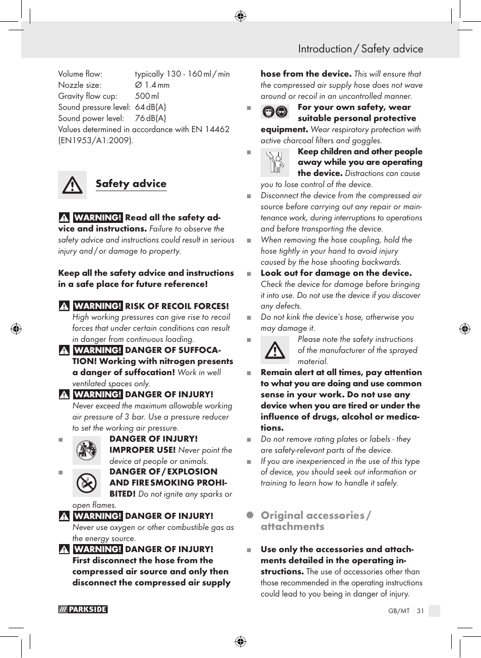 Introduction / safety advice, Safety advice, Original accessories / attachments | Parkside PDFP 500 A1 User Manual | Page 31 / 45