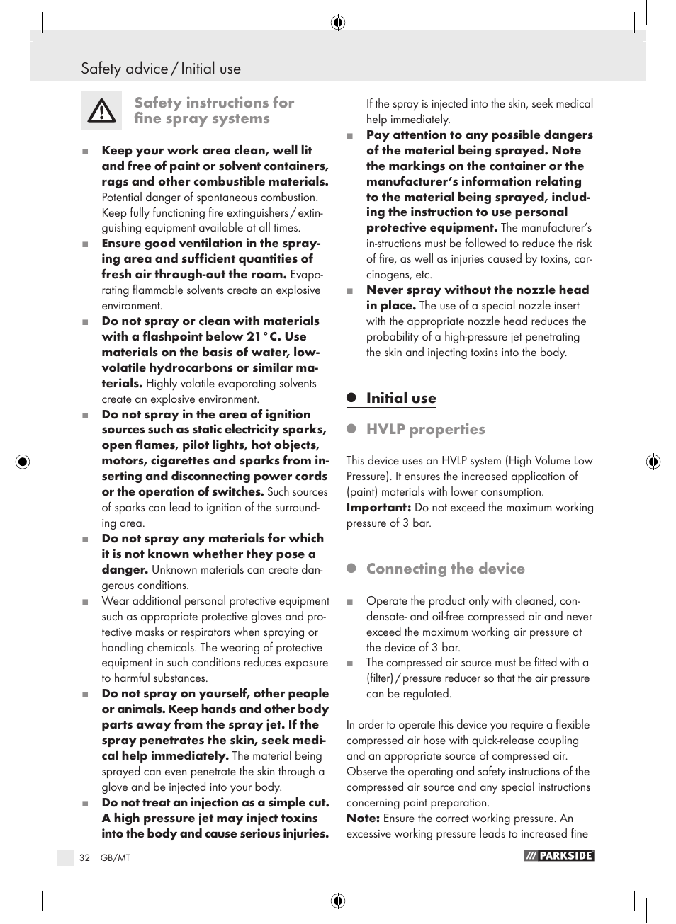 Safety advice / initial use, Safety instructions for fine spray systems, Initial use | Hvlp properties, Connecting the device | Parkside PDFP 500 A1 User Manual | Page 32 / 45