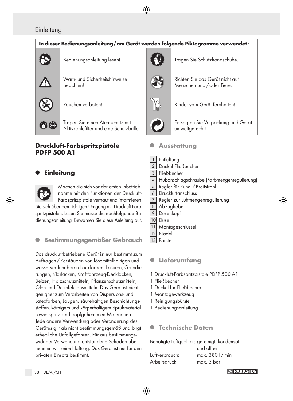 Druckluft-farbspritzpistole pdfp 500 a1, Einleitung, Bestimmungsgemäßer gebrauch | Ausstattung, Lieferumfang, Technische daten | Parkside PDFP 500 A1 User Manual | Page 38 / 45