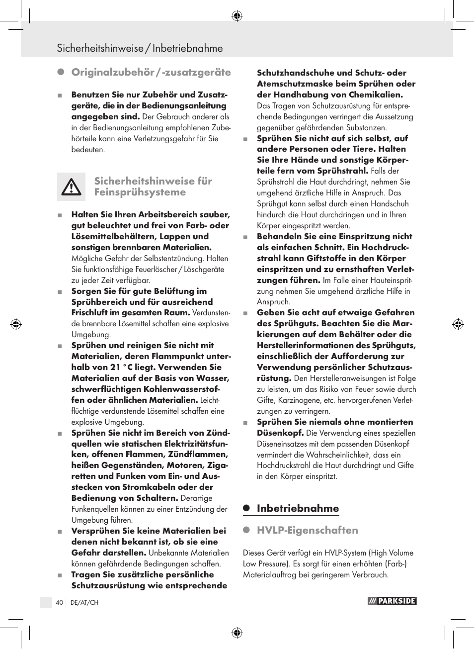 Sicherheitshinweise / inbetriebnahme, Originalzubehör / -zusatzgeräte, Sicherheitshinweise für feinsprühsysteme | Inbetriebnahme, Hvlp-eigenschaften | Parkside PDFP 500 A1 User Manual | Page 40 / 45