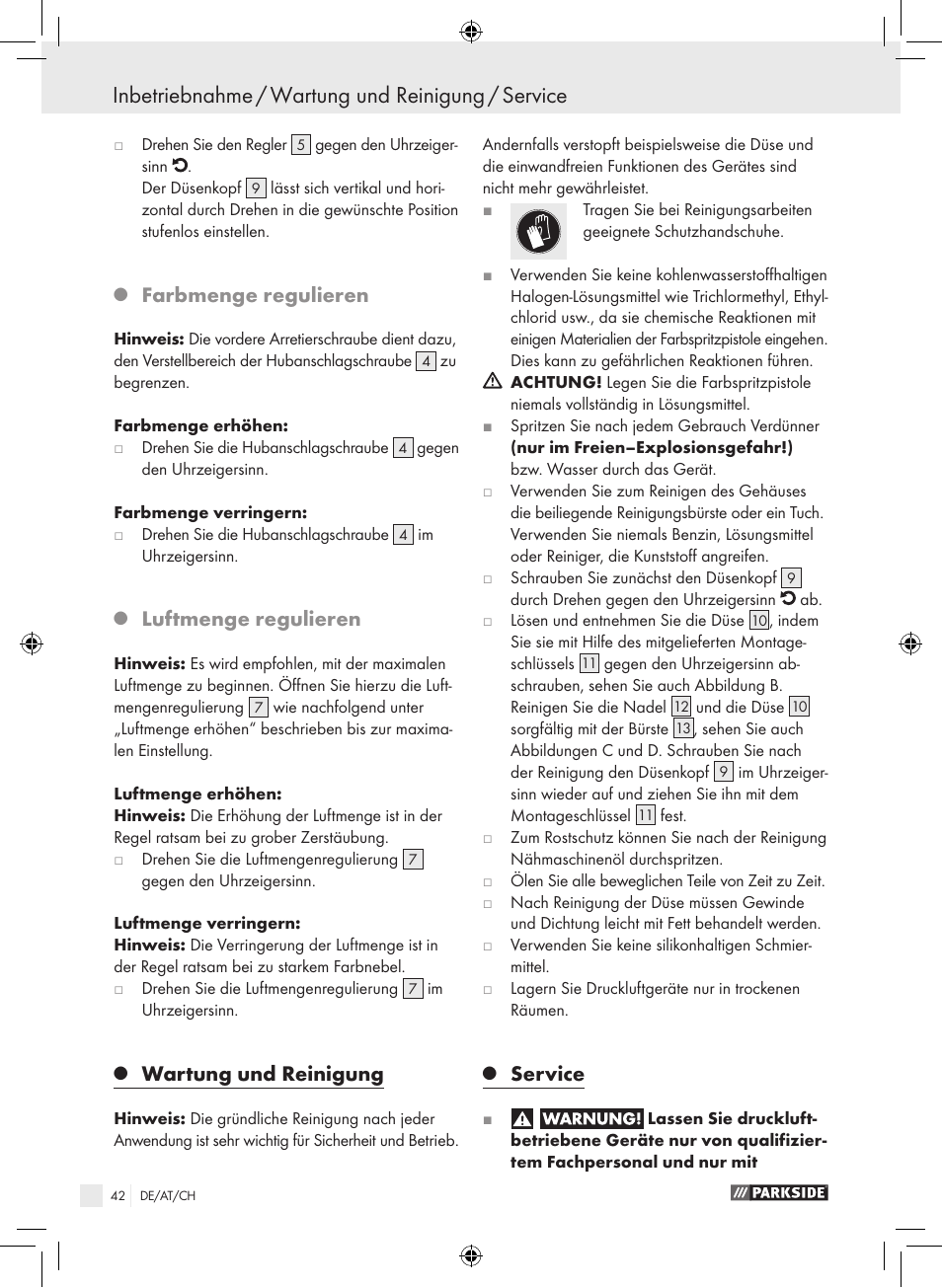 Inbetriebnahme / wartung und reinigung / service, Farbmenge regulieren, Luftmenge regulieren | Wartung und reinigung, Service | Parkside PDFP 500 A1 User Manual | Page 42 / 45