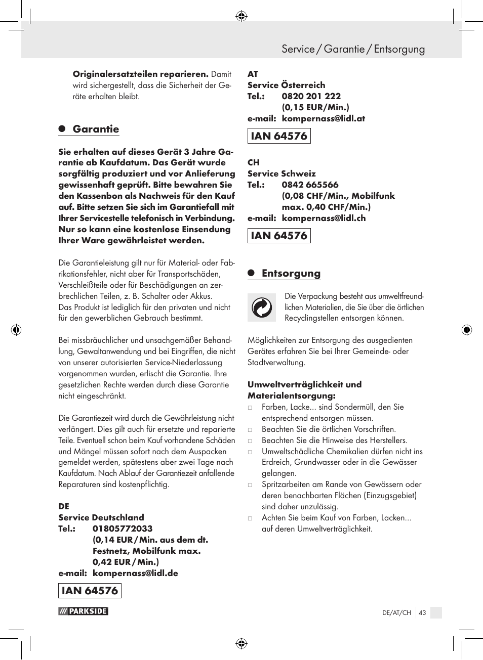 Service / garantie / entsorgung, Garantie, Entsorgung | Parkside PDFP 500 A1 User Manual | Page 43 / 45