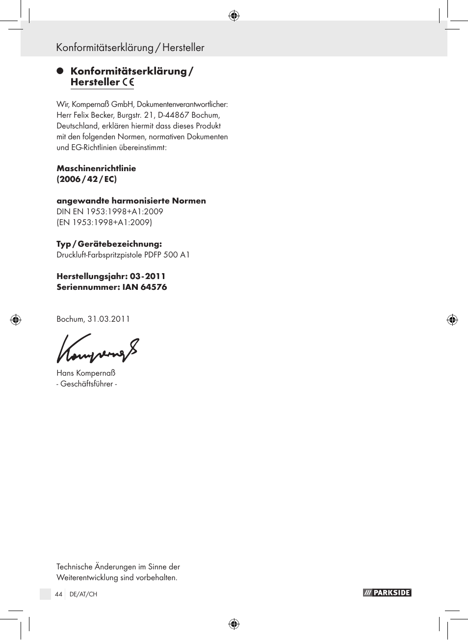 Konformitätserklärung / hersteller | Parkside PDFP 500 A1 User Manual | Page 44 / 45