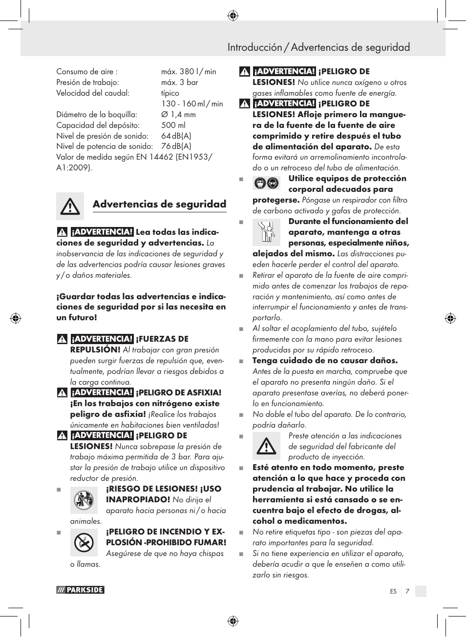 Introducción / advertencias de seguridad, Advertencias de seguridad | Parkside PDFP 500 A1 User Manual | Page 7 / 45