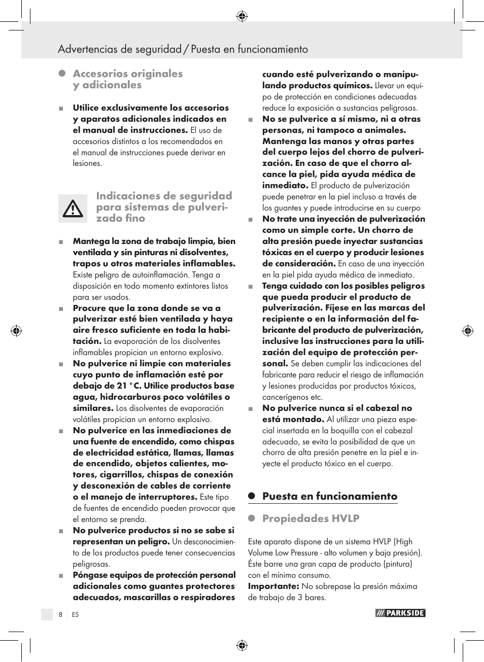 Accesorios originales y adicionales, Puesta en funcionamiento, Propiedades hvlp | Parkside PDFP 500 A1 User Manual | Page 8 / 45