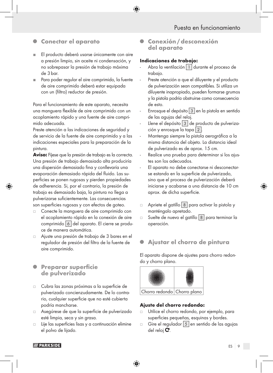 Puesta en funcionamiento, Conectar el aparato, Preparar superficie de pulverizado | Conexión / desconexión del aparato, Ajustar el chorro de pintura | Parkside PDFP 500 A1 User Manual | Page 9 / 45