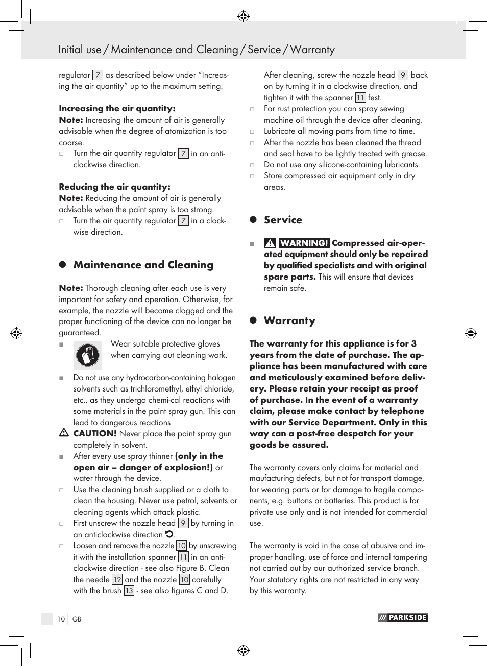 Maintenance and cleaning, Service, Warranty | Parkside PDFP 500 A1 User Manual | Page 10 / 61