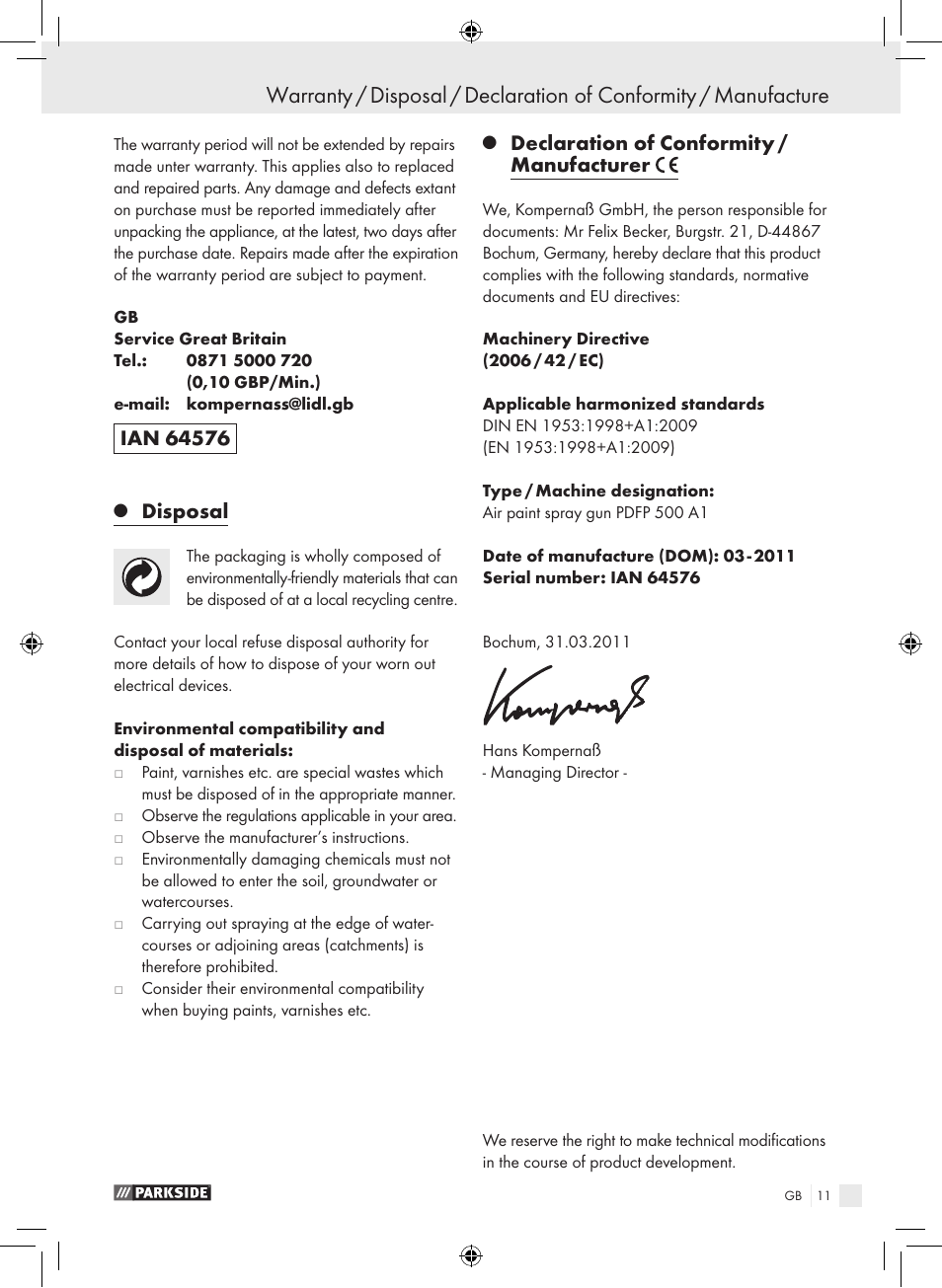 Disposal, Declaration of conformity / manufacturer | Parkside PDFP 500 A1 User Manual | Page 11 / 61