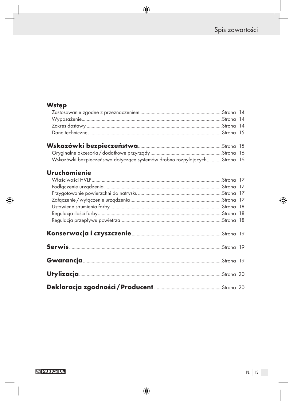 Spis zawartości | Parkside PDFP 500 A1 User Manual | Page 13 / 61
