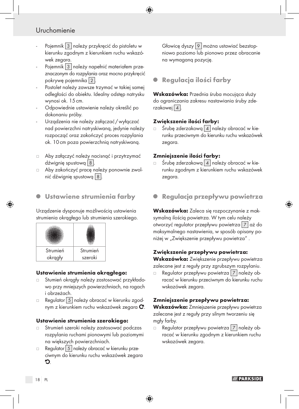Uruchomienie, Ustawiene strumienia farby, Regulacja ilości farby | Regulacja przepływu powietrza | Parkside PDFP 500 A1 User Manual | Page 18 / 61