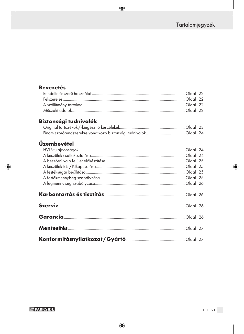 Tartalomjegyzék | Parkside PDFP 500 A1 User Manual | Page 21 / 61