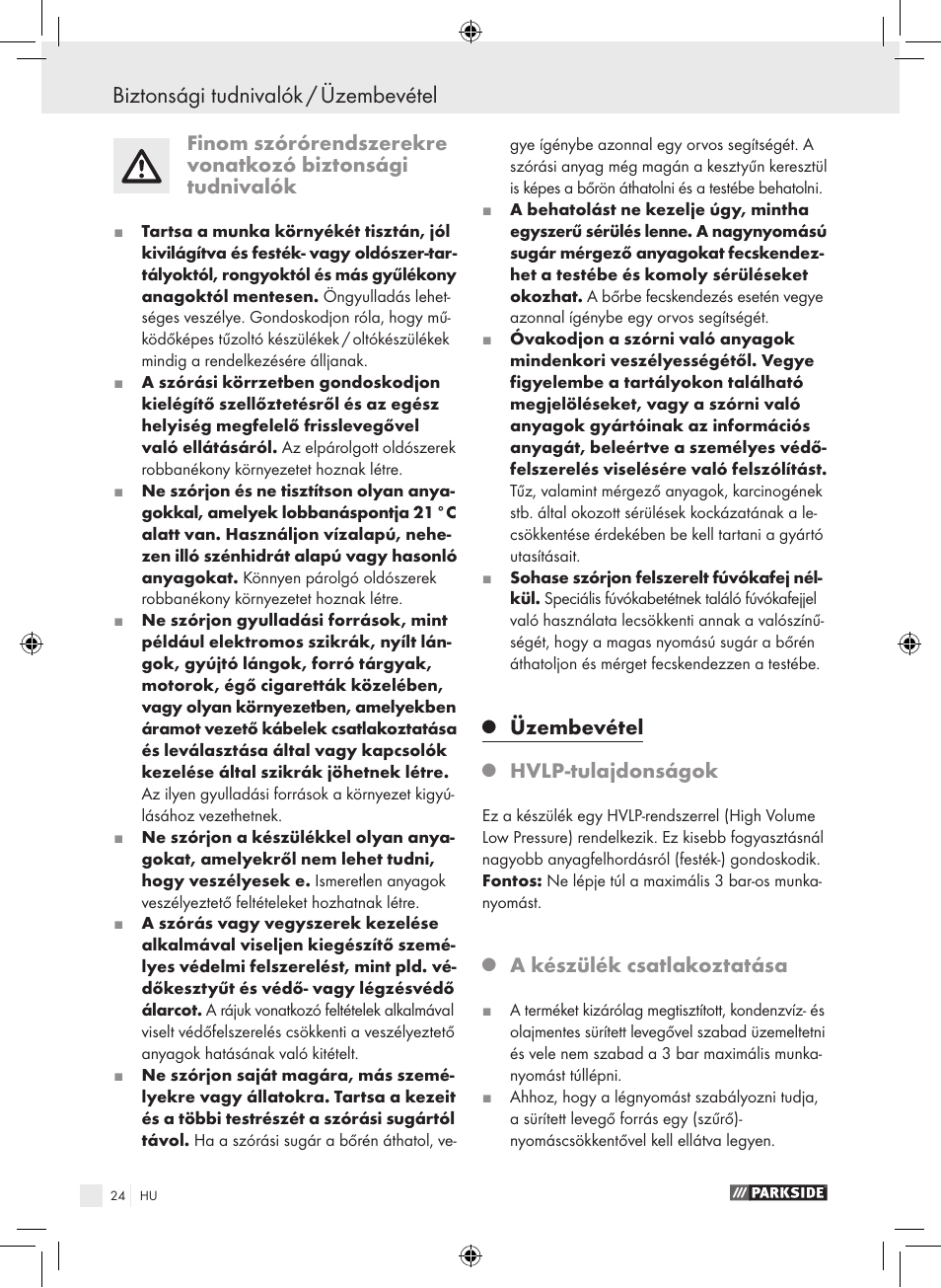 Biztonsági tudnivalók / üzembevétel, Üzembevétel, Hvlp-tulajdonságok | A készülék csatlakoztatása | Parkside PDFP 500 A1 User Manual | Page 24 / 61