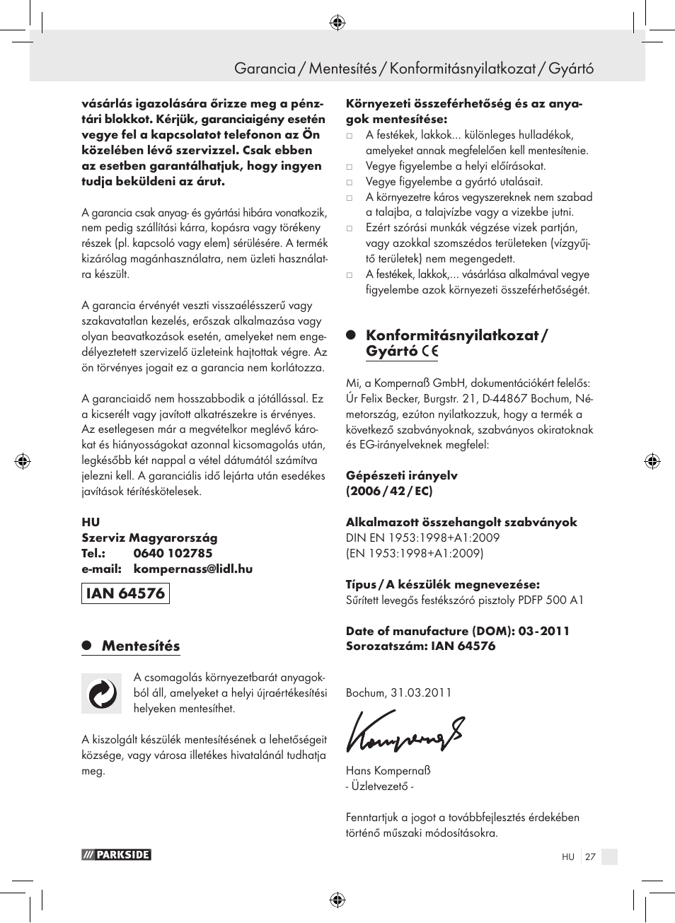 Mentesítés, Konformitásnyilatkozat / gyártó | Parkside PDFP 500 A1 User Manual | Page 27 / 61