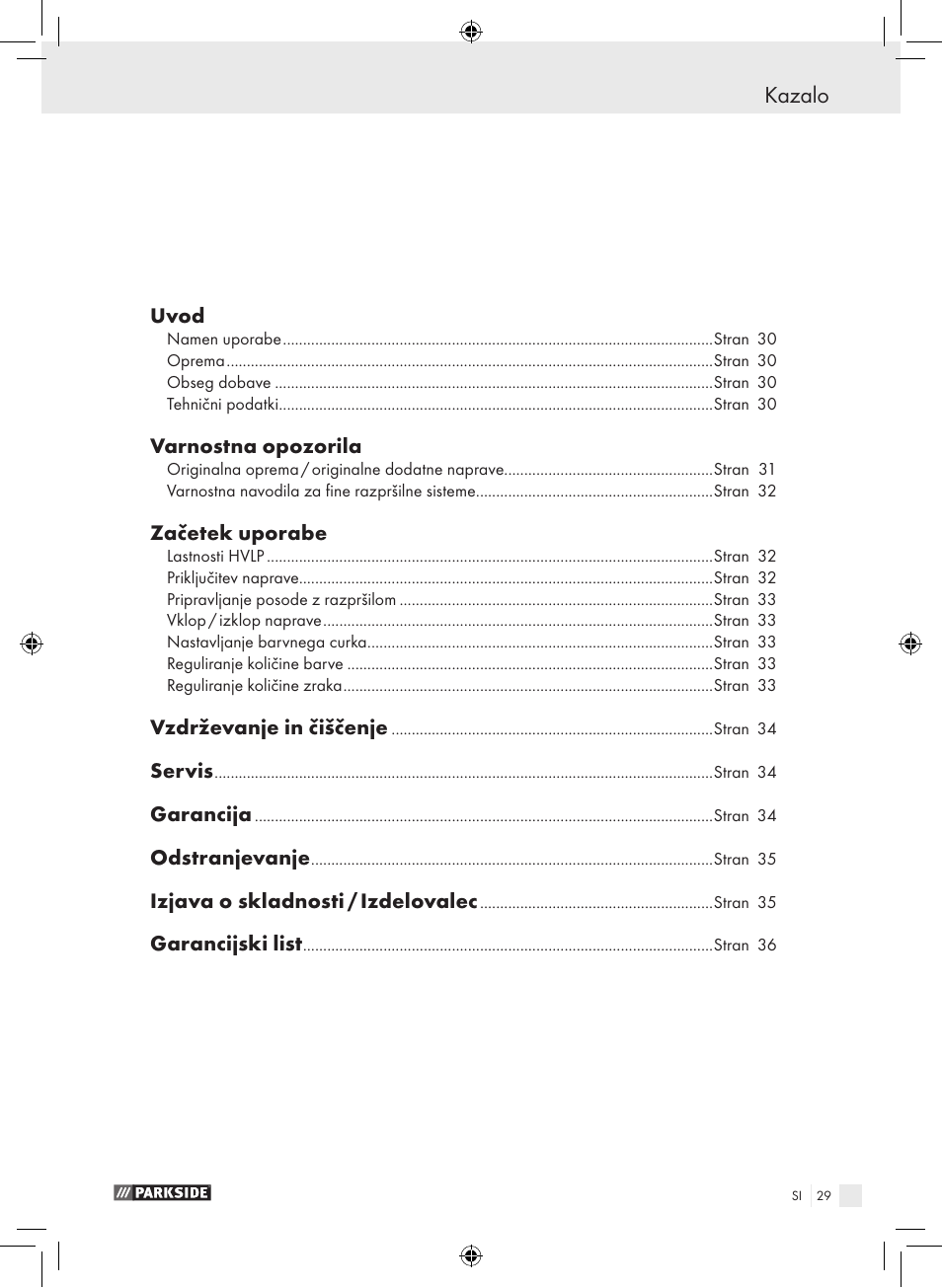 Kazalo | Parkside PDFP 500 A1 User Manual | Page 29 / 61