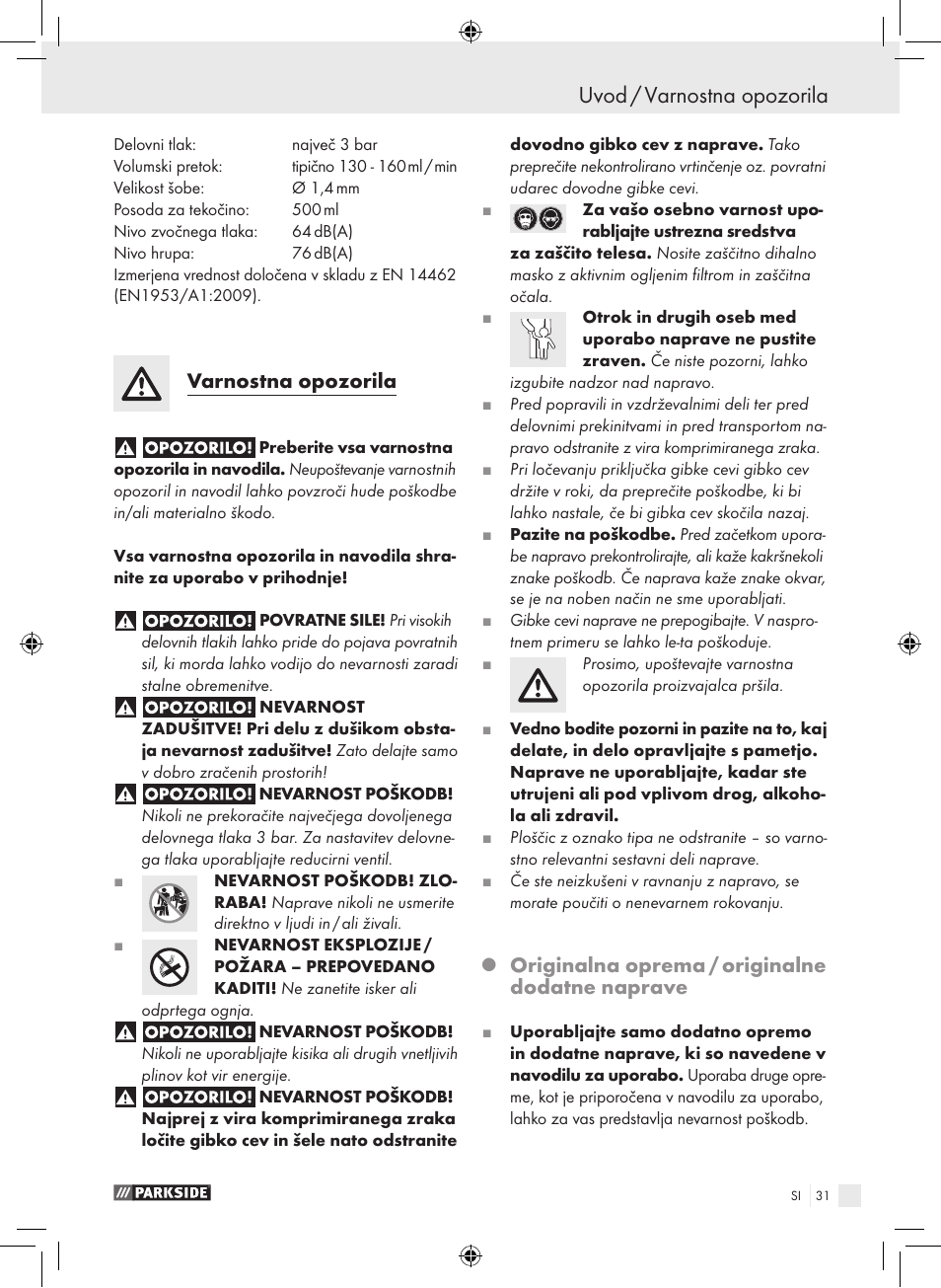 Uvod / varnostna opozorila, Varnostna opozorila, Originalna oprema / originalne dodatne naprave | Parkside PDFP 500 A1 User Manual | Page 31 / 61