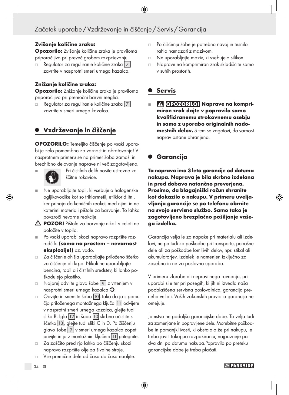 Vzdrževanje in čiščenje, Servis, Garancija | Parkside PDFP 500 A1 User Manual | Page 34 / 61