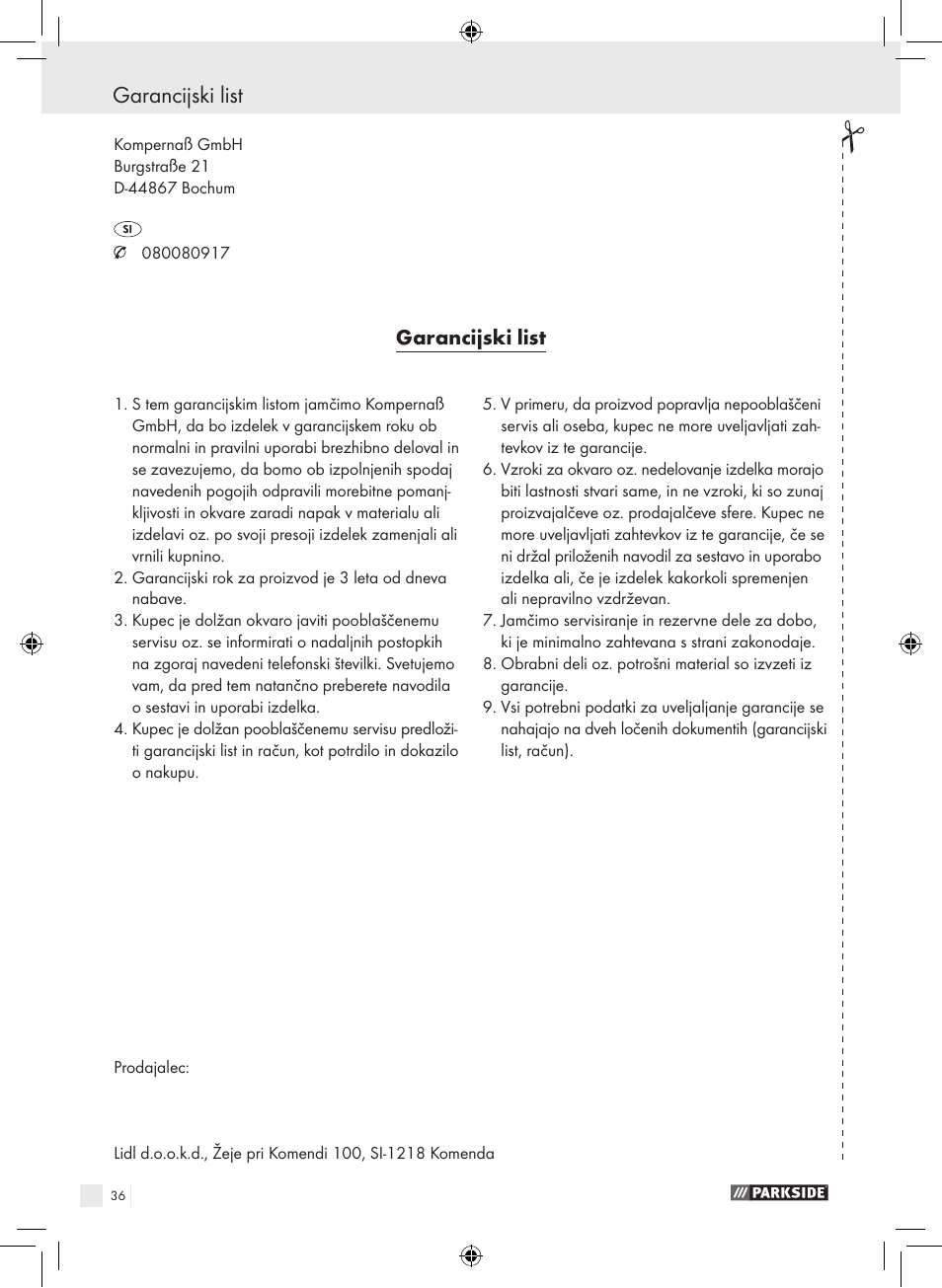 Garancijski list | Parkside PDFP 500 A1 User Manual | Page 36 / 61