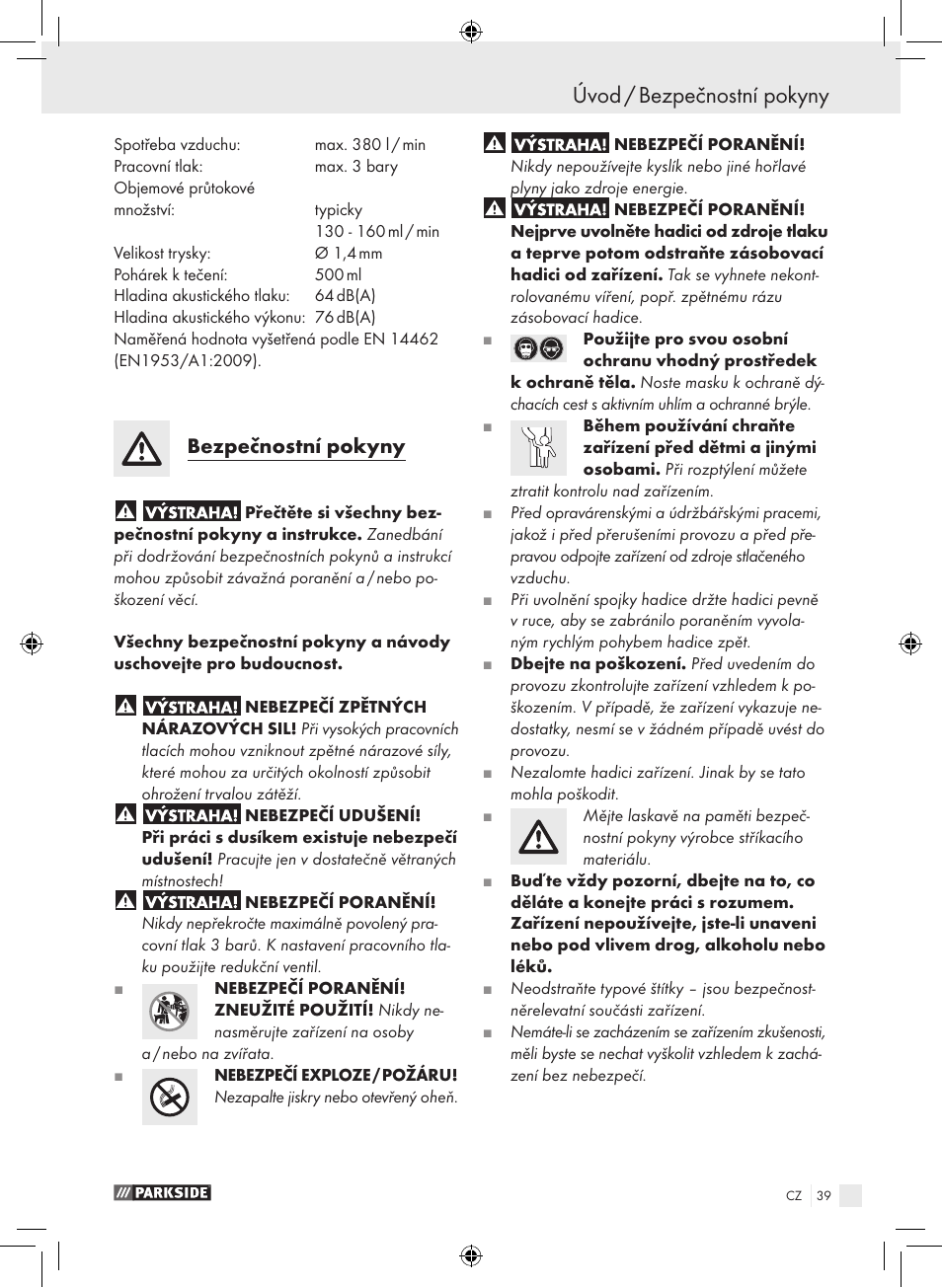 Úvod / bezpečnostní pokyny, Bezpečnostní pokyny | Parkside PDFP 500 A1 User Manual | Page 39 / 61