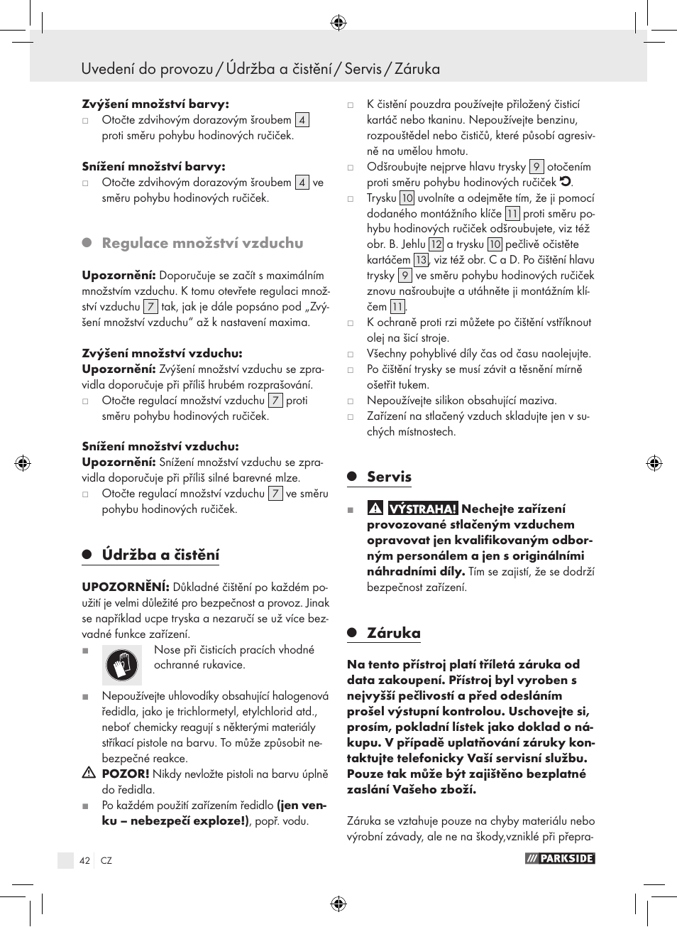Regulace množství vzduchu, Údržba a čistění, Servis | Záruka | Parkside PDFP 500 A1 User Manual | Page 42 / 61