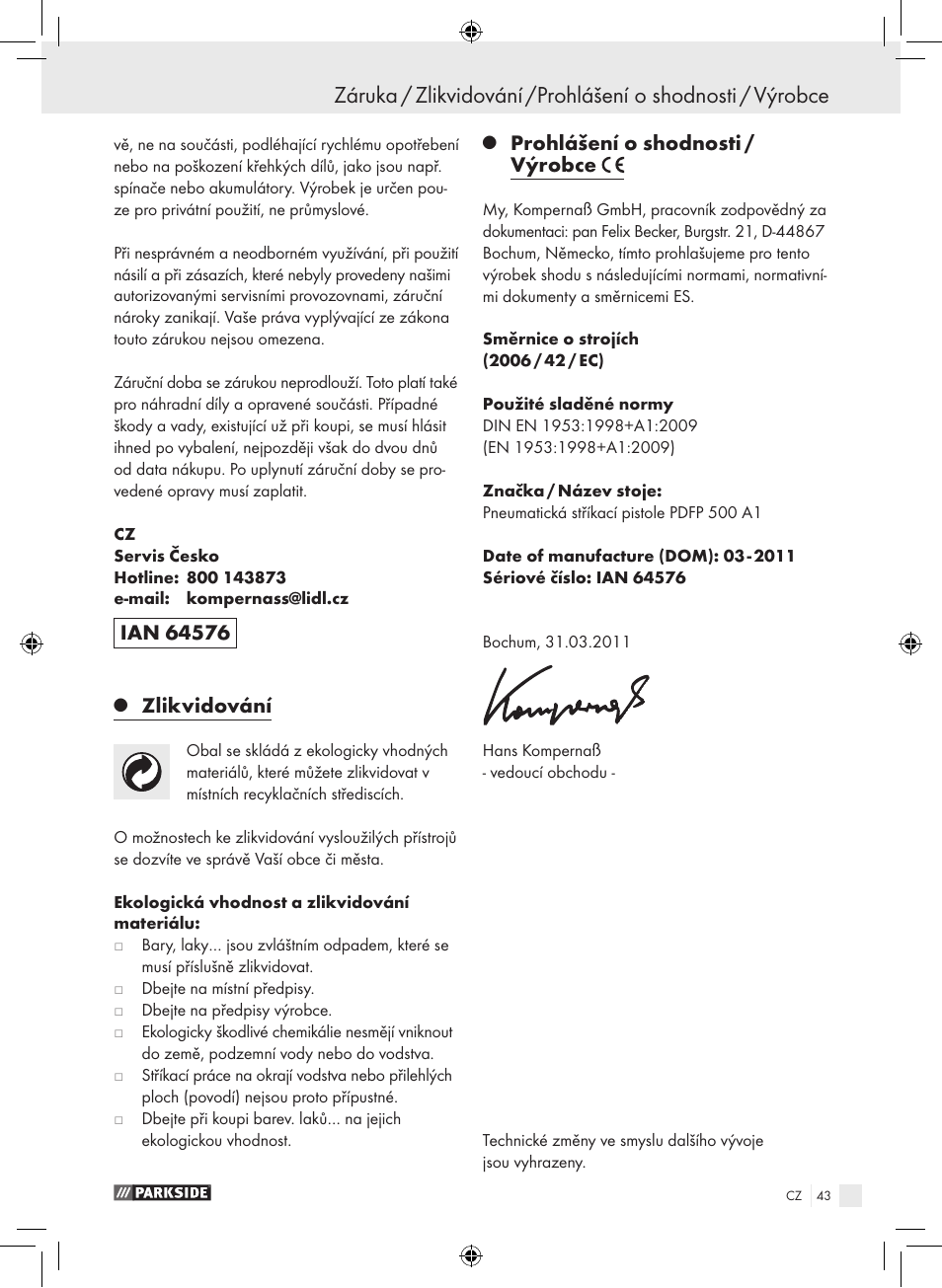 Zlikvidování, Prohlášení o shodnosti / výrobce | Parkside PDFP 500 A1 User Manual | Page 43 / 61