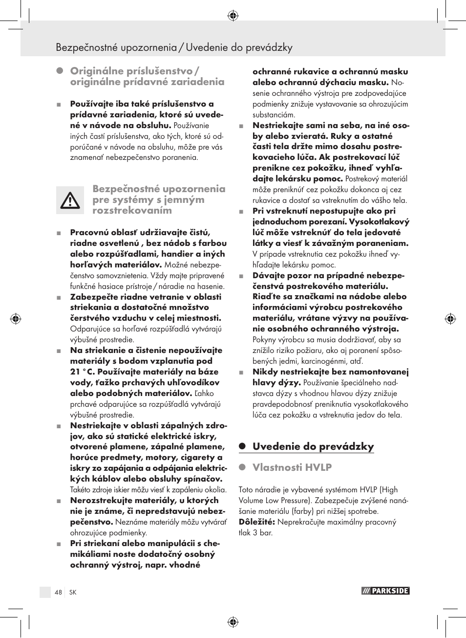 Bezpečnostné upozornenia / uvedenie do prevádzky, Uvedenie do prevádzky, Vlastnosti hvlp | Parkside PDFP 500 A1 User Manual | Page 48 / 61