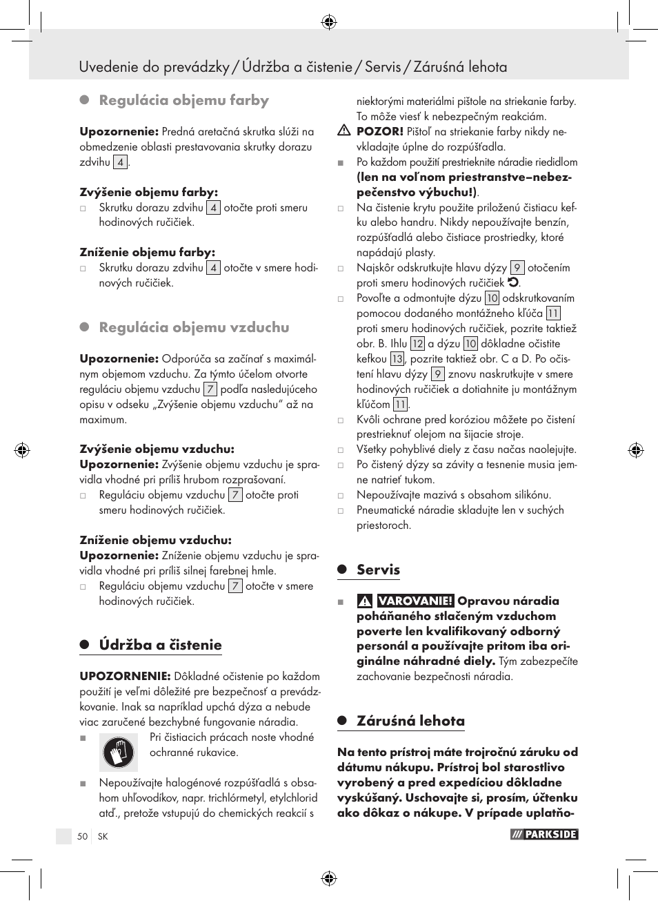 Regulácia objemu farby, Regulácia objemu vzduchu, Údržba a čistenie | Servis, Záruśná lehota | Parkside PDFP 500 A1 User Manual | Page 50 / 61