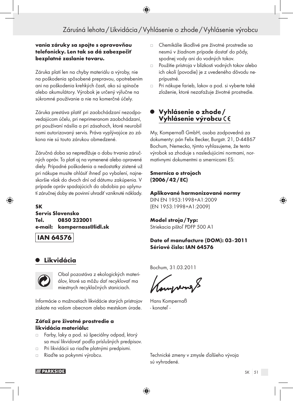 Likvidácia, Vyhlásenie o zhode / vyhlásenie výrobcu | Parkside PDFP 500 A1 User Manual | Page 51 / 61
