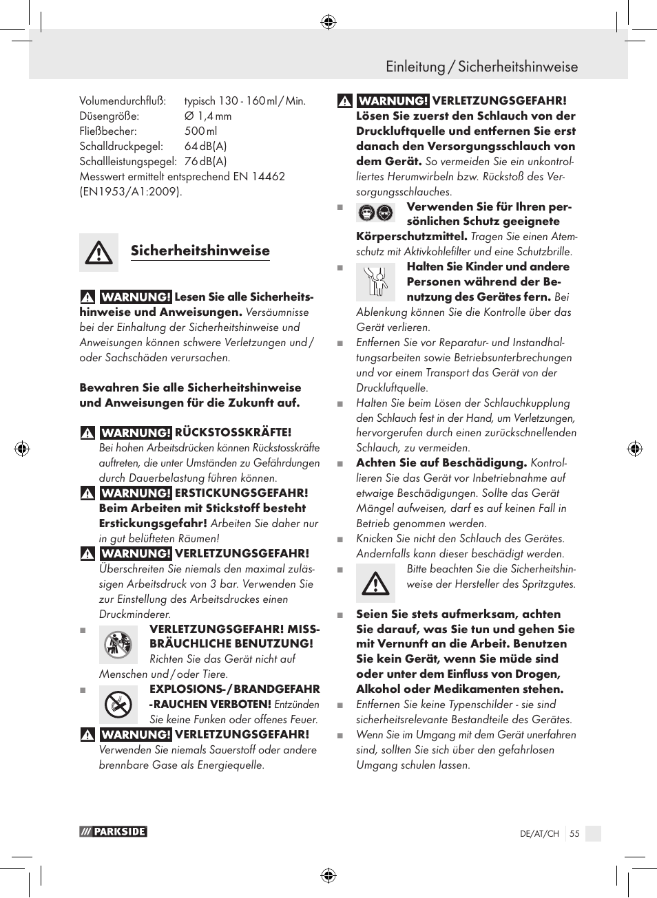 Einleitung / sicherheitshinweise, Sicherheitshinweise | Parkside PDFP 500 A1 User Manual | Page 55 / 61