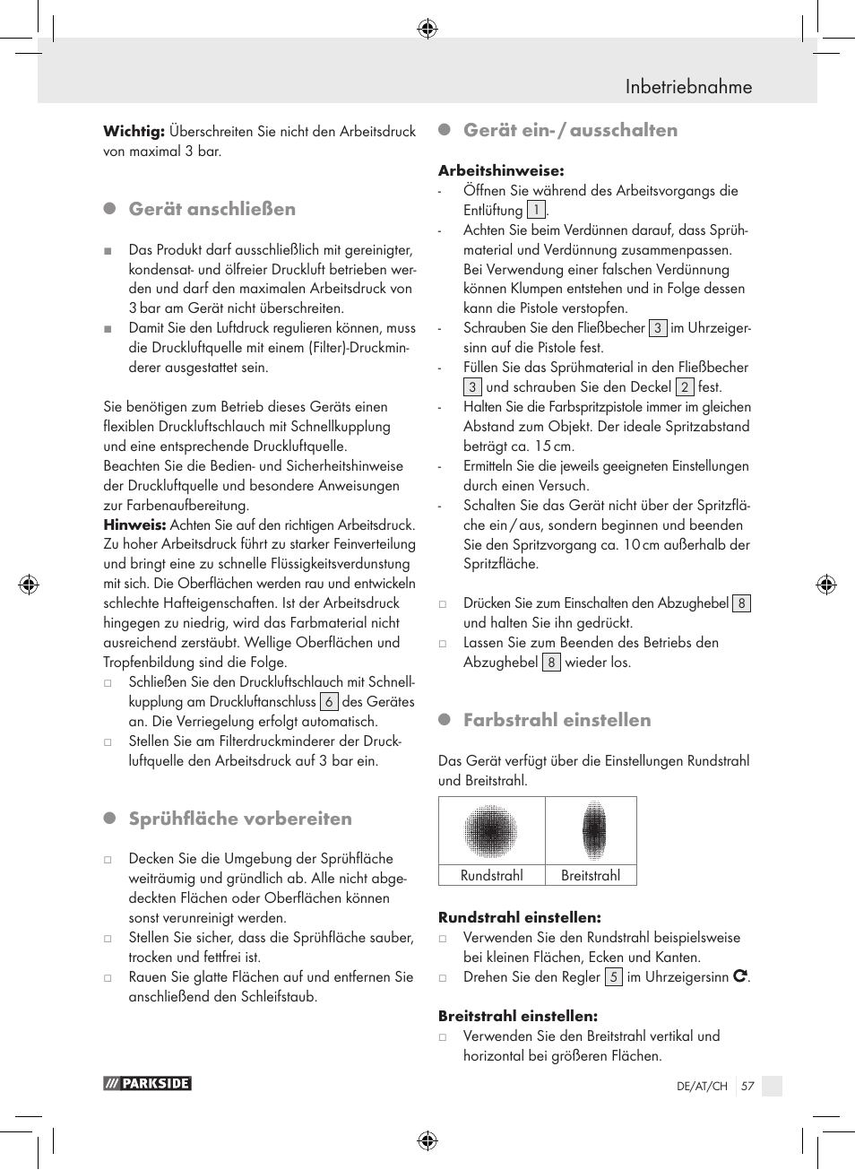 Inbetriebnahme, Gerät anschließen, Sprühfläche vorbereiten | Gerät ein- / ausschalten, Farbstrahl einstellen | Parkside PDFP 500 A1 User Manual | Page 57 / 61