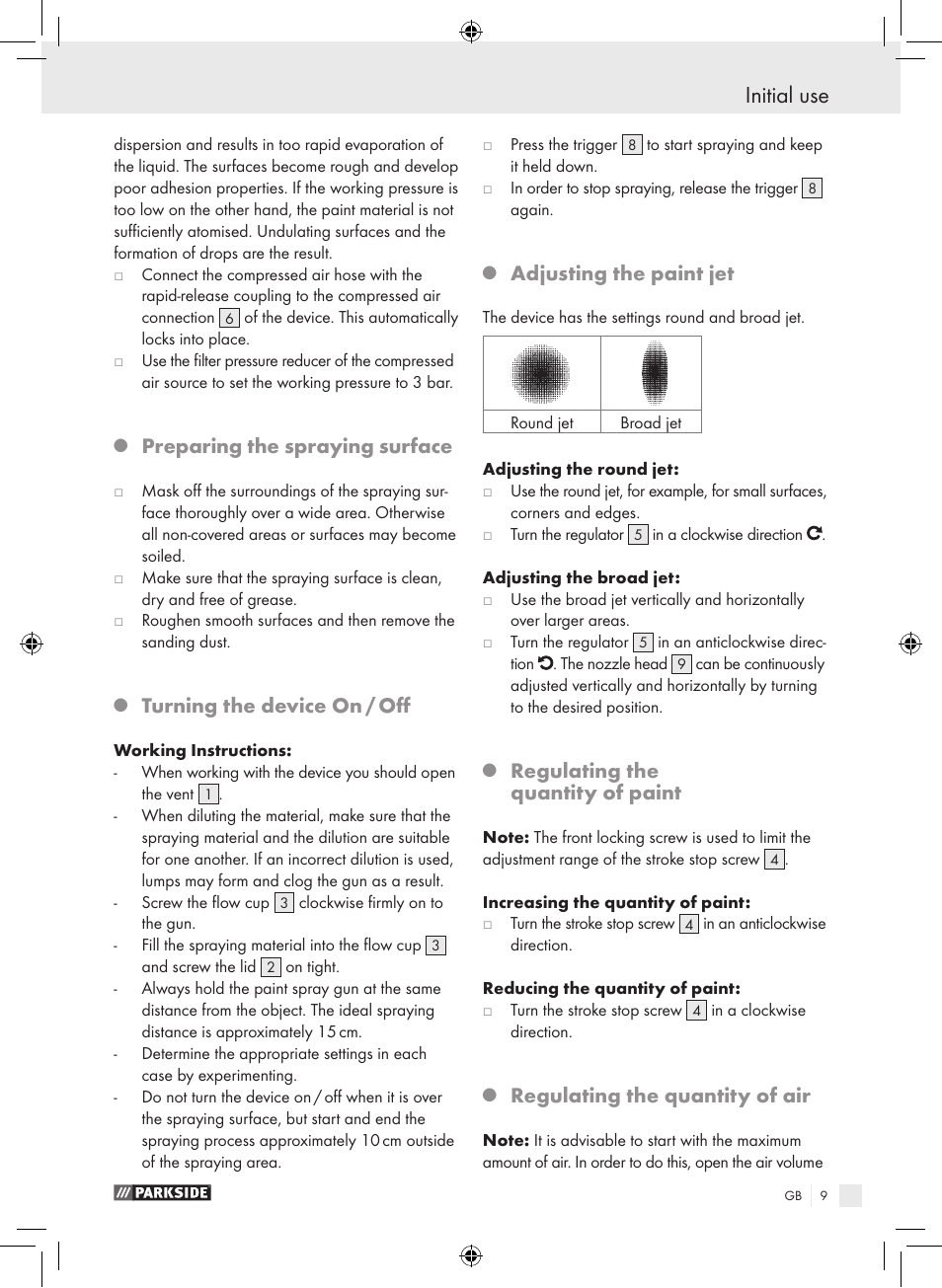 Initial use, Preparing the spraying surface, Turning the device on / off | Adjusting the paint jet, Regulating the quantity of paint, Regulating the quantity of air | Parkside PDFP 500 A1 User Manual | Page 9 / 61