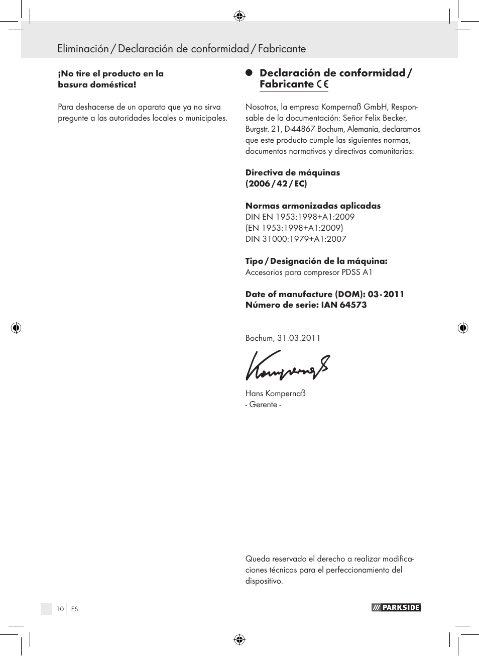 Declaración de conformidad / fabricante | Parkside PDSS A1 User Manual | Page 10 / 35
