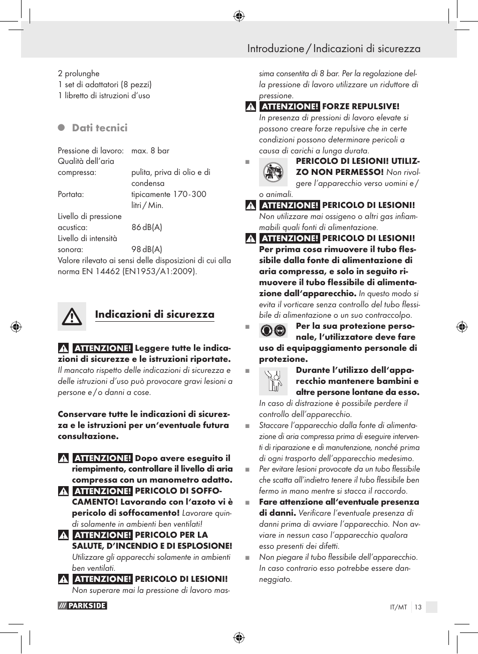Introduzione / indicazioni di sicurezza, Dati tecnici, Indicazioni di sicurezza | Parkside PDSS A1 User Manual | Page 13 / 35