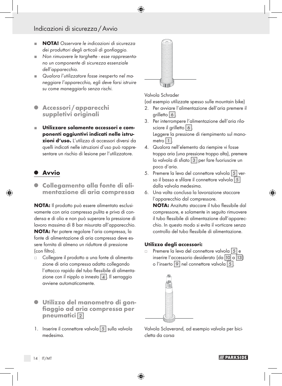 Indicazioni di sicurezza / avvio, Accessori / apparecchi suppletivi originali, Avvio | Parkside PDSS A1 User Manual | Page 14 / 35